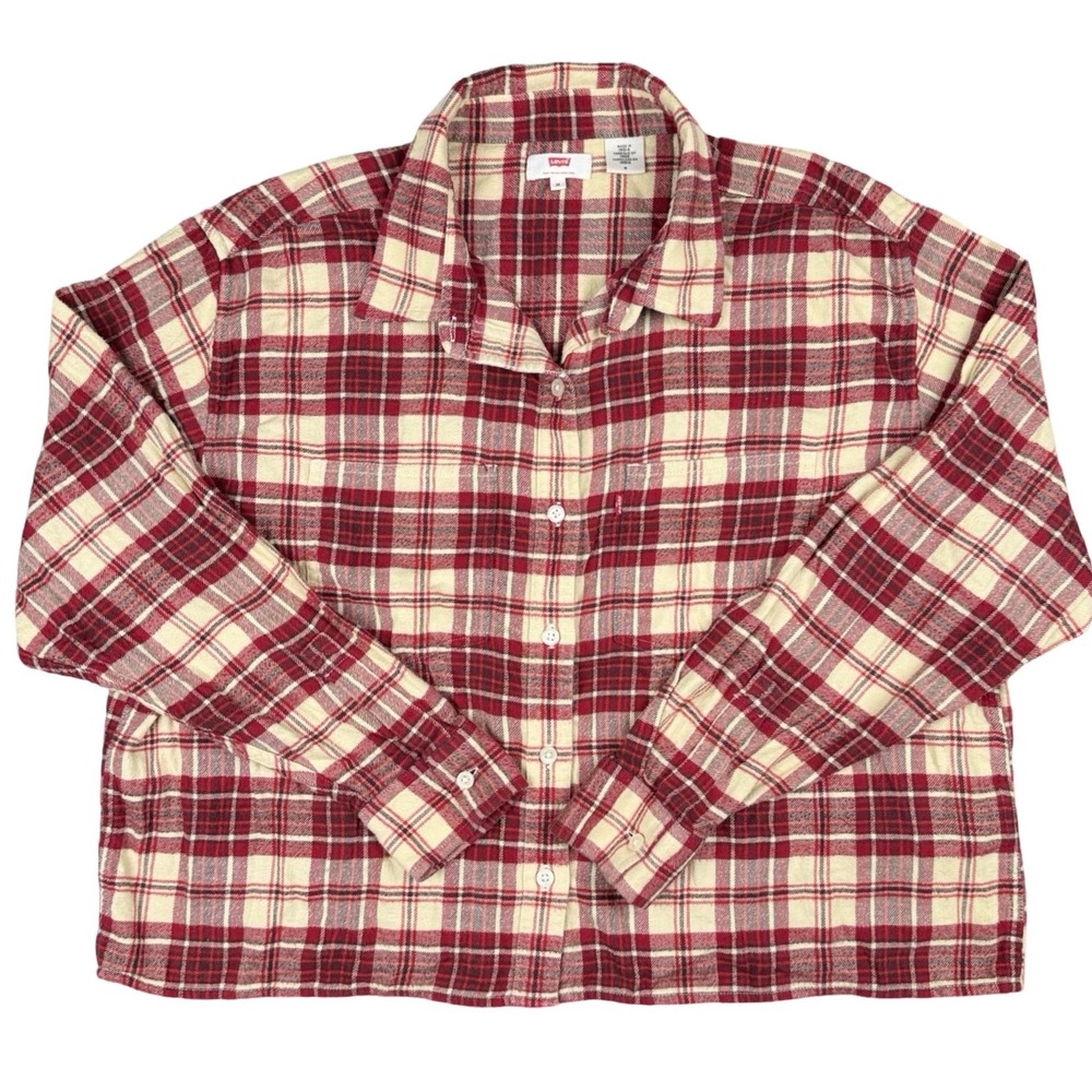 Levi's Plaid Flannel Shirt Red Cream Button Up Cotton Womens‎ Medium